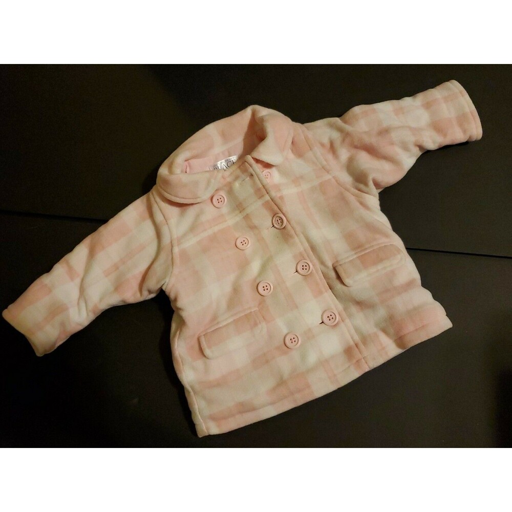 Girl's The Children's Place 6-9 months pink white plaid button coat